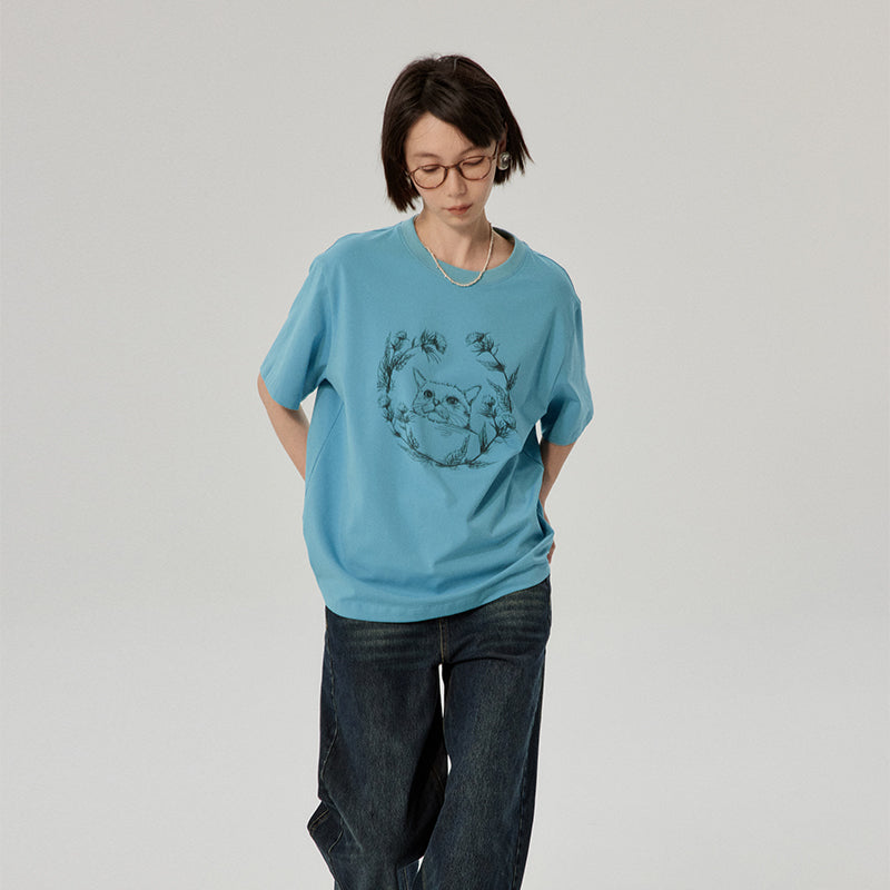 OMONT レトロキャットプリントTシャツ OOT025